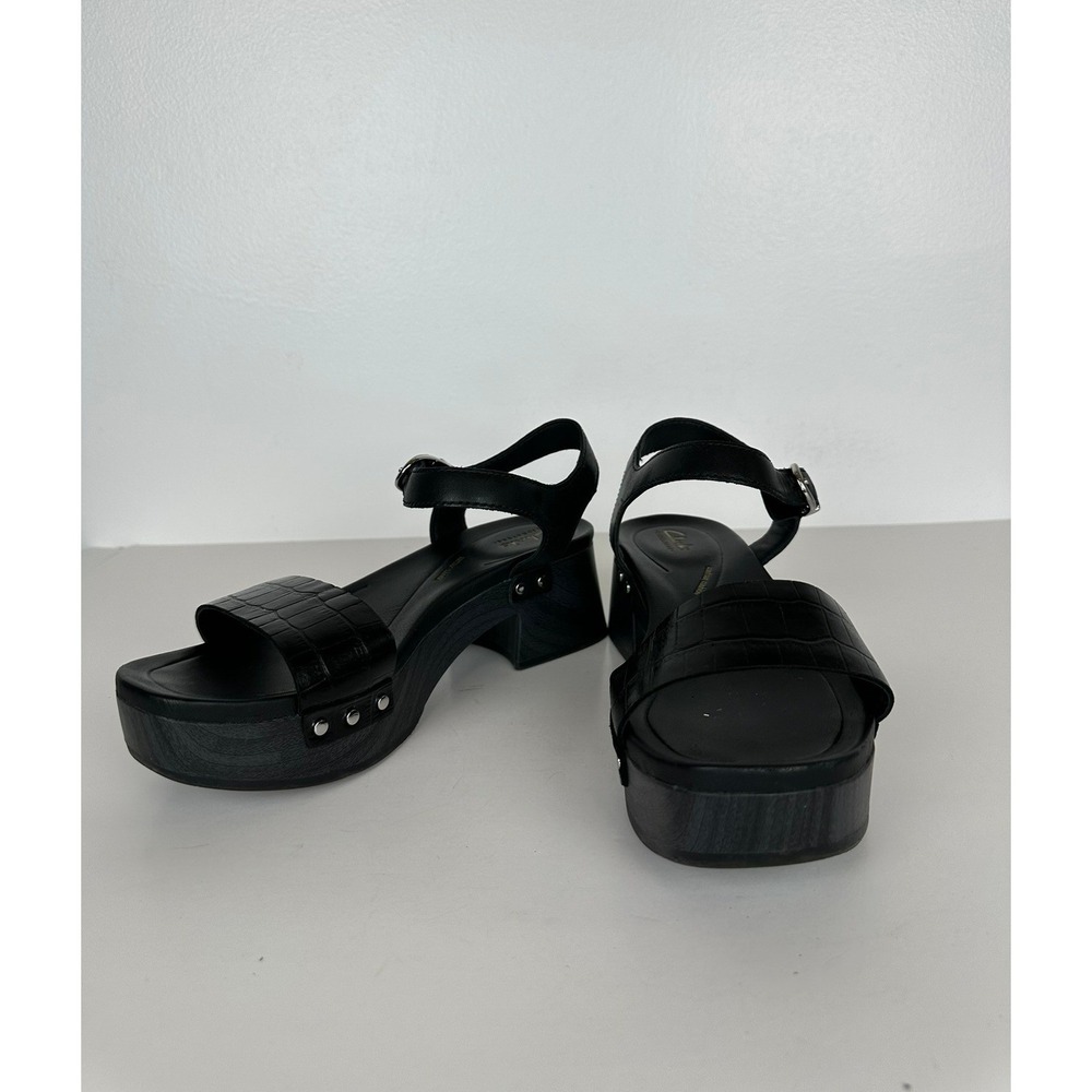 Clarks Signature Black Leather Platform Sandals Block Heel Sz 8M Y2K Ankle Strap - Picture 2 of 11
